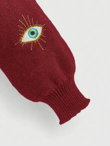 ROMWE Hippie Áo khoác cardigan ngắn thêu mắt cổ điển thường ngày dành cho nữ, Thu/Đông - Màu Đỏ Sâu - Xem 3