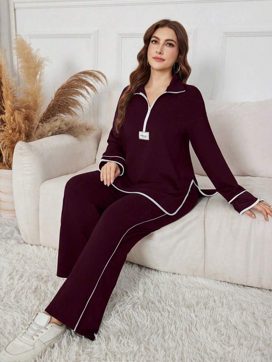 Modelyn Women's Black Stand Collar Half Zip Hoodie With Letter Patch, Loose Casual Two Pieces Set, Suitable For Autumn/Winter - Burgundy - View 1