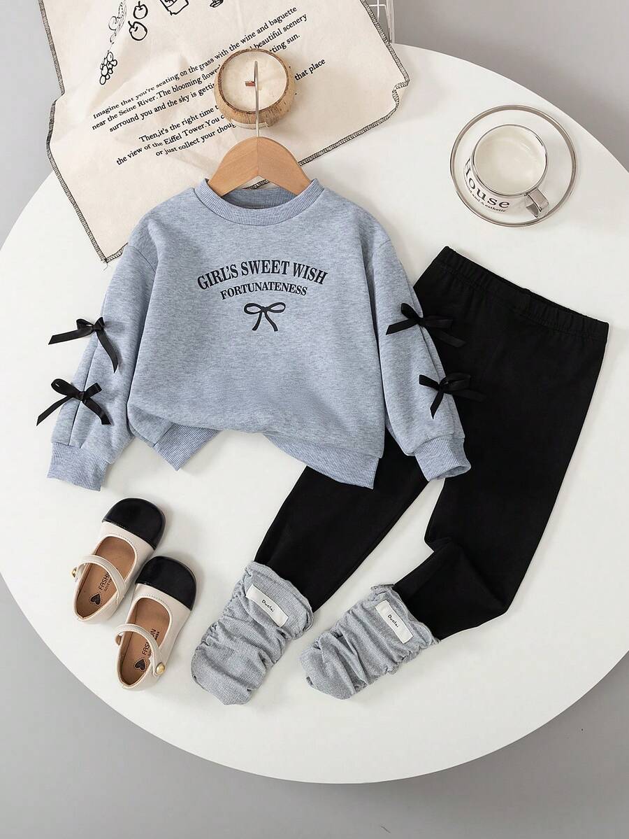 Young Girl Slogan Print Bow Decor Long Sleeve Sweatshirt And Pants Casual Outfit - Grey - View 1
