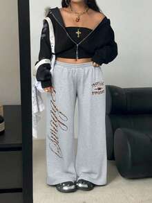 POPSWAY Calça de Moletom Casual Estilo Universitário Punk Y2K Estampa de Leopardo Cinza Claro Plus Size, Outono - Cinza - Visão 3