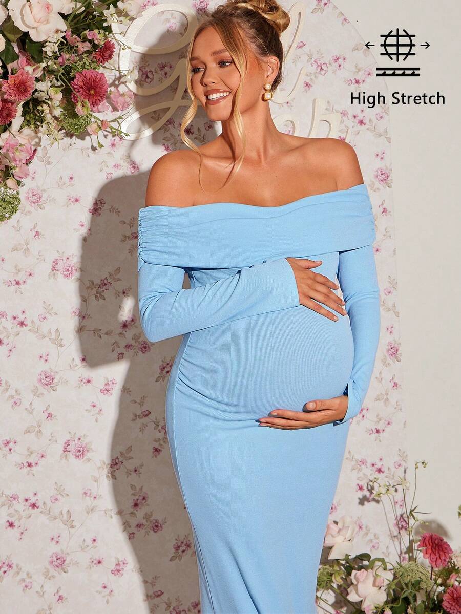 Loomaby Elegant Party Solid Color Off Shoulder Fitted Maternity Dress,Gender Reveal Dress,Maternity Dress, Baby Shower Dress Sexy Maternity Dress Pregnant Dress Bump Friendly Dress Pregnancy Dress For Photoshoot - Blue - View 1