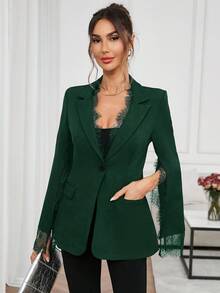 SHEIN Clasi 女士优雅中式立领收腰修身蕾丝拼接开衩袖西装外套，适合通勤、办公室、约会，黑色 - 墨綠色 - 查看 7