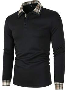 Manfinity Mode 男士格子印花 Polo 衫长袖纽扣领拼色休闲 Polo 衫，适合丈夫穿着，秋季