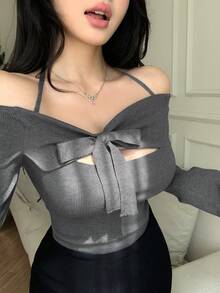 DAZY Áo len dệt kim thanh lịch dành cho nữ, thiết kế hở vai, thắt nơ, ôm eo, thích hợp cho năm mới, Giáng sinh, đám cưới, mùa thu/đông - Xám - Xem 5
