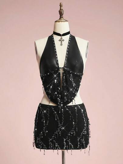 ROMWE Avant Y2K Baddie Music Festival Outfit Metal Cross Pendant PU Patchwork Fishnet Beaded Halter Backless Women Set