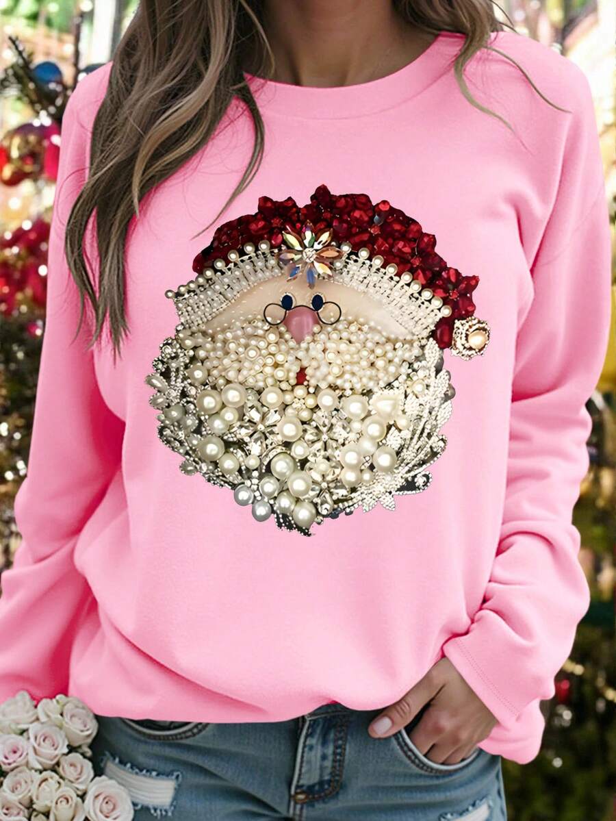 EMERY ROSE T-shirt casual à manches longues, col rond, épaules tombantes, imprimé cerises, grande taille pour femmes - Rose bonbon - Voir 1