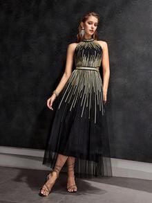 MOTF Soiréza 优雅亮片刺绣镂空连衣裙，喇叭裙摆，适合宴会和派对穿着 - 黑色 - 查看 6