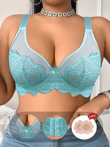 SHEIN 1pc Plus Size Lace Solid Color Underwire Bra - Green - View 5
