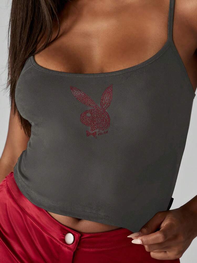Missguided x Playboy Scoop Neck Cami Tank Top With Rhinestone Embellished Logo Design For Casual Summer Wear