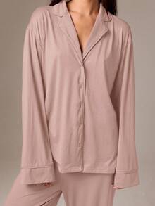 AiiRZ Ensemble de pyjama à boutons doux, haut à manches longues avec col, pantalon à jambes larges. Vêtements de nuit et de détente - Camel - Voir 4