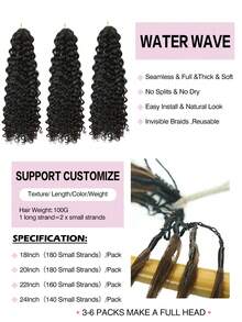 Boho Braids 1 PC Water Wave Narural Black Crochet Human Hair Extensions Knotless Pre-Seperated Feather Human Hair Black 18-24 Inch 100G - SNatural - View 3