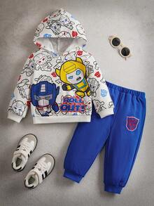 Transformers X SHEIN 2件套男婴卡通机器人印花连帽卫衣和运动裤针织休闲套装 - 藍白色 - 查看 1