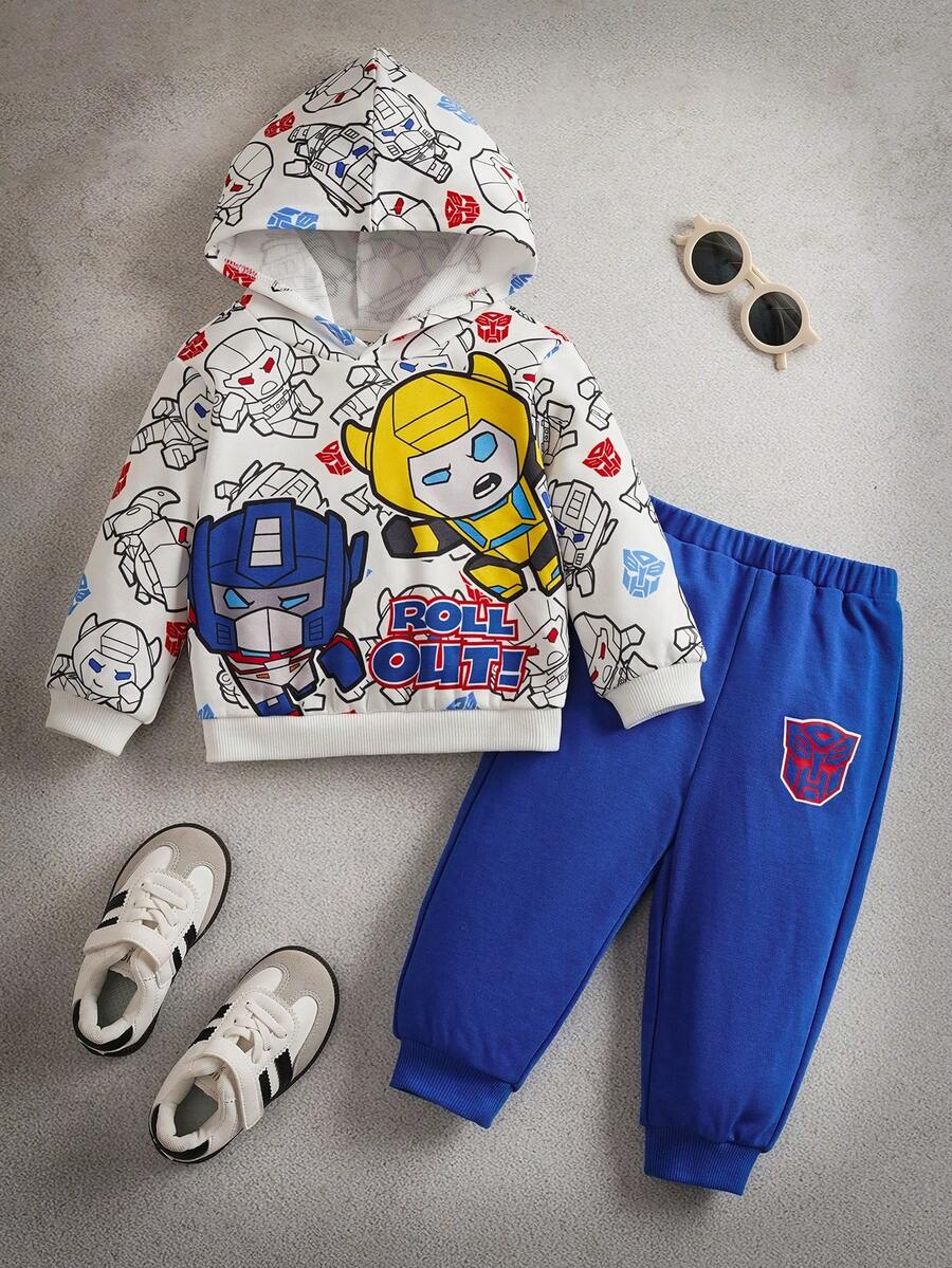 Transformers X SHEIN 2件套男婴卡通机器人印花连帽卫衣和运动裤针织休闲套装 - 藍白色 - 查看 1