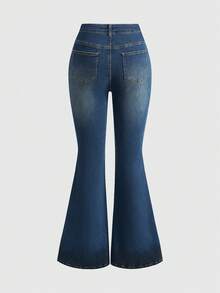 ROMWE Pantalones acampanados de cintura baja con bordado de caracteres chinos, estilo retro Y2K sexy - Azul - Ver 2