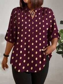 EMERY ROSE Plus Size Summer Casual Gold Dot Print Notched Neck Shirt - Red - View 4