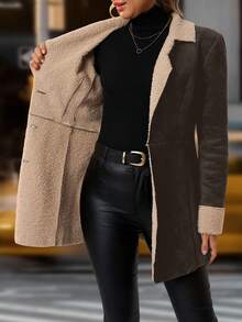 SHEIN Clasi 女式休闲翻领长袖单排扣仿皮草夹克，秋冬 - 棕色 - 查看 7