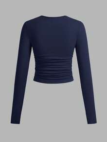 SHEIN EZwear 3件套女士休闲纯色圆领褶皱长袖T恤，秋冬季 - 彩色 - 查看 5