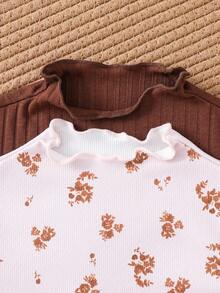 SHEIN Young Girl Ruffle Collar Long Sleeve Casual Ribbed T-Shirt - Brown - View 5