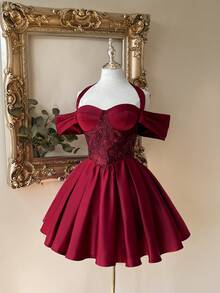 Lovelzi Women's Off-Shoulder Halter Elegant, Romantic, Fashionable Wine Red Jacquard Fabric Satin Patchwork Evening Dress, Wedding Guest Dress, Wine Red Maxi Dress, Single Party Dress, Prom Dress