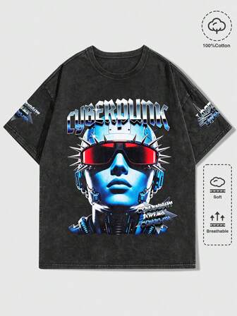 Street Life Maglietta a maniche corte vintage lavata con stampa per uomo