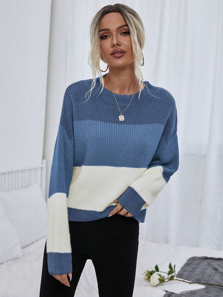 Color Block Drop Shoulder Sweater,Long Sleeve Tops Knit Pullover Fall Winter