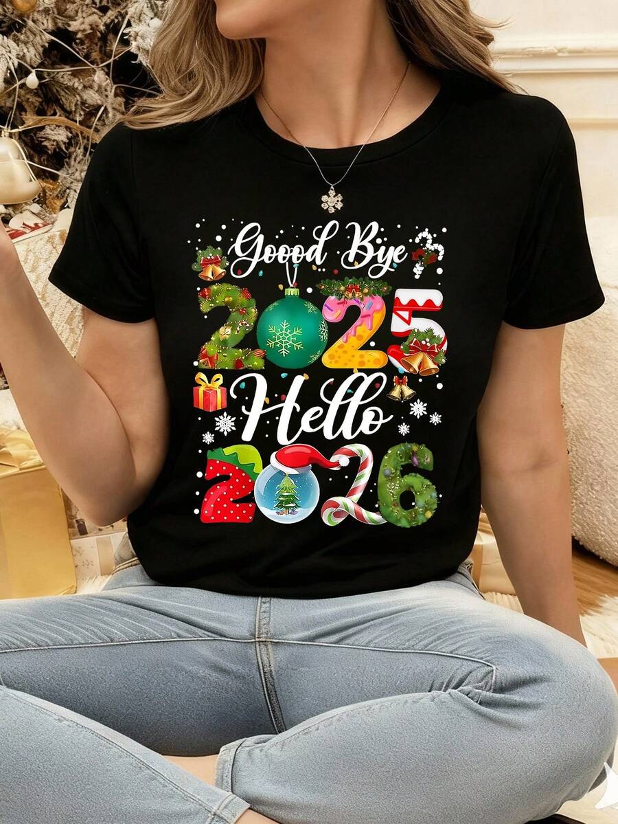 EMERY ROSE 女士休闲宽松字母印花圆领短袖T恤 - 黑色 - 查看 1