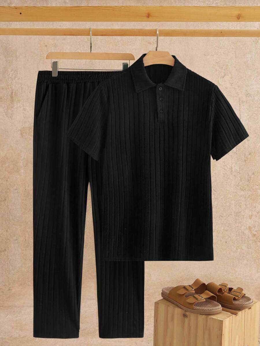 HIMLAND Men's Casual Ribbed Knit Solid Color Short Sleeve Polo Shirt And Pants Set, Suitable For Spring, Summer, Autumn Men Casual Top And Bottom Set Men 2 Piece Set Men Black Two Piece Set Men Co Ord Set - Black - View 1