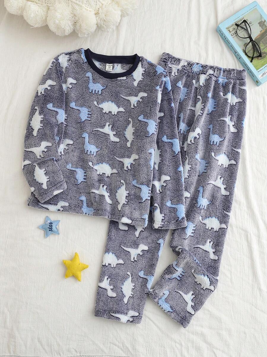 男童休闲恐龙印花保暖长袖上衣和裤子家居服套装 - 彩色 - 查看 1
