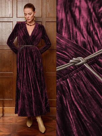 Aalyst Abito elegante da donna per occasioni formali, ufficio, pendolarismo, matrimoni e cerimonie, in velluto tinta unita, scollo a V, vita elastica, orlo a campana, decorazione con cintura in pelle, maniche lunghe, lunghezza maxi