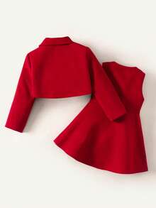 Maija Kids Classic Fashion Versatile Party & Casual Elegant Minimalist Wine Red Stiff Woolen Collar Short Jacket With Metal Rose Button Decor, Paired With Round Neck Sleeveless Simple Waist Dress, Casual Elegant Suit Suitable For Christmas