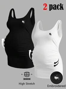 Modmama Spring Women, Casual Woman, Fall ,Autumn ,Maternity Solid Color Scoop Neck Sleeveless Wide Strap Ruched Casual Tank Top Nursing Tank Top - Black and White - View 2