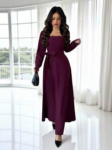 Rafferiza Damen Vintage Burgund Perlen Dekor Quadratischer Ausschnitt Puffärmel Taillengegürtet Knöchellang Kleid, geeignet für formelle Anlässe, Hochzeiten, Partys, Alltagstragen, Herbst/Winter