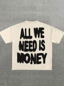 SHEIN Áo thun nam cổ tròn tay ngắn rộng rãi in khẩu hiệu - Màu Khaki - Xem 3