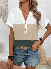 SHEIN LUNE Women's Contrasting V-Neck Half Placket Short Sleeve Striped Casual T-Shirt, Summer - Multicolor - View 5