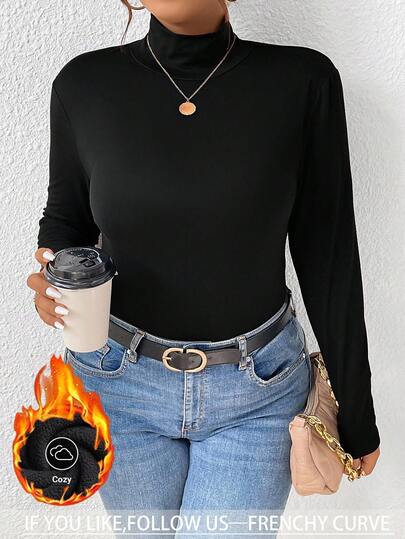 SHEIN Frenchy Plus Size Women's Solid Color Long Sleeve Casual Thermal Lined Turtleneck T-Shirt Basic Top Cute Long Sleeve Top Women Long Sleeve Tops Turtle Neck Top Rose To Y Mock Neck Top Spring