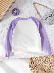 SHEIN X Care Bears 少女熊印花拼色插肩袖长袖 T 恤 - 紫色 - 查看 2