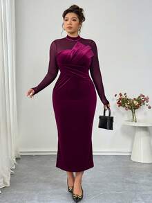 Elenzga 大码女式天鹅绒拼接紧身连衣裙，高弹力，3D立体塑形，性感优雅，适合派对、下午茶、通勤等场合，黑色 - 酒紅色 - 查看 5