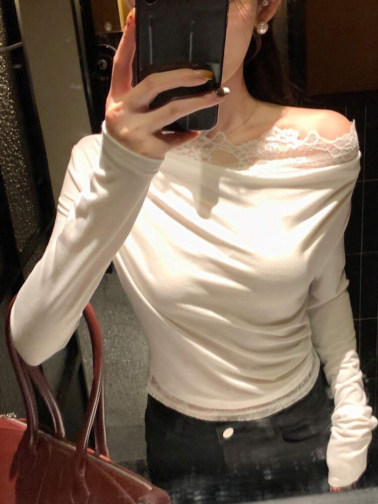 Women's Lace Patchwork Off Shoulder Long Sleeve T-Shirt, Autumn/Winter