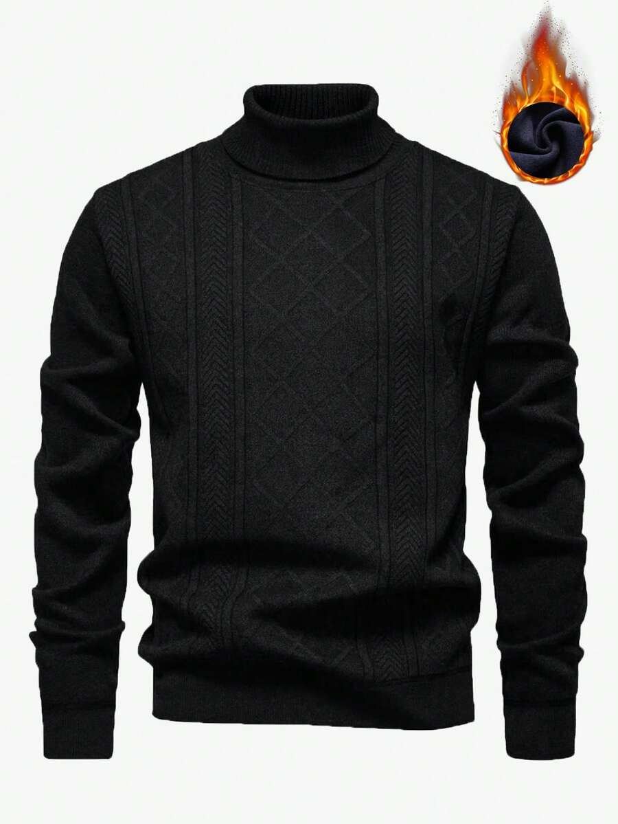 Manfinity Mode 男士休闲百搭高领长袖毛衣，秋冬季 - 黑色 - 查看 1