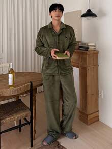 DAZY Men's Thermal Lined Letter Embroidered Shirt & Military Green Pajama Set, Autumn/Winter - Green - View 7