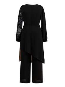 Ellevyn 大码交叉裹身长袖优雅收腰两件套 - 黑色 - 查看 9