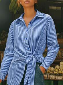 CAJUNI 女式条纹长袖单排扣侧系腰休闲衬衫 - 藍白色 - 查看 3