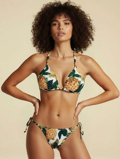 CAJUNI Women's White & Yellow Tropical Fruit Print Bikini Set | Smooth Stretch Swim Fabric, Triangle Neck, Sleeveless Halter Top, Removable Pads, Adjustable Tie Back, Classic Cut Brief Bottoms With Side Strings, Vibrant Botanical Pattern, Vacation & Sexy Summer Beach Resort Pool Style,Women's Summer Set,Beach Set,Vacation Outfits For Women,Valentine's Day,Summer Holiday Outfits,Spring Clothes,Valentine's Day,Carnival Costume ,Fasching Women Costume,Beach Outfit,Vacation Outfits Women,Casual Women Outfi