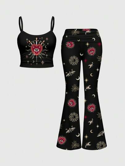 Goth Gothic Dark Palace Mysterious Cross Heart Teardrop Gemstone Sexy Camisole & Flared Low Waist Pants Women 2 Pieces Set