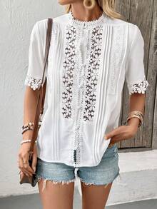 Breezaya Camisa con botones y encaje de unicolor para el tiempo libre de las señoras