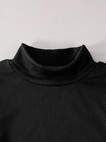 SHEIN Young Girl Casual Solid Color Turtleneck T-Shirt And Plaid Skirt Set, Autumn/Winter - Black - View 7