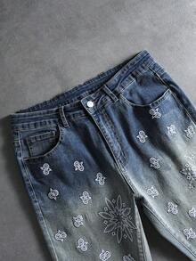 ROMWE MEN Street Life Quần jean skinny nam co giãn, họa tiết thêu hoa. - Rửa trung bình - Xem 3