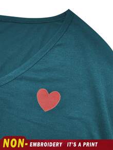 EMERY ROSE Women's Heart Print V-Neck Long Sleeve Plus Size T-Shirt, Popular For Autumn/Winter - Teal Blue - View 7