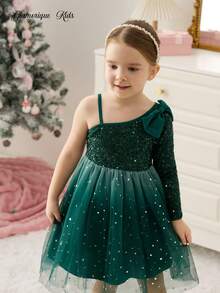 Glamorique Kids Vestido de fiesta elegante y glamoroso para niña con una sola manga de color verde oscuro con lentejuelas, lazo en la cintura, degradado de estrellas y lunas con brillo en malla multicapa - Verde Oscuro - Ver 4
