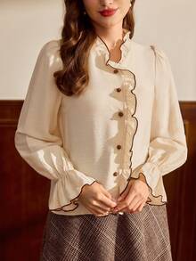 Vintamour Vintage Classic Elegant Women's Blouse, Autumn/Winter Fitted Contrast Color Blouse With Frill Trim, Long Sleeve Apricot Blouse